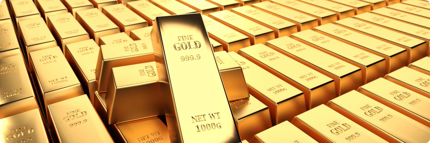Stacks of gold bars arranged in neat rows, with one prominently displayed at the front. Each bar is engraved with FINE GOLD 999.9 NET WT 1000g. The shiny, reflective surface glows like a digital marketing company’s promise—pure brilliance against a similar backdrop.