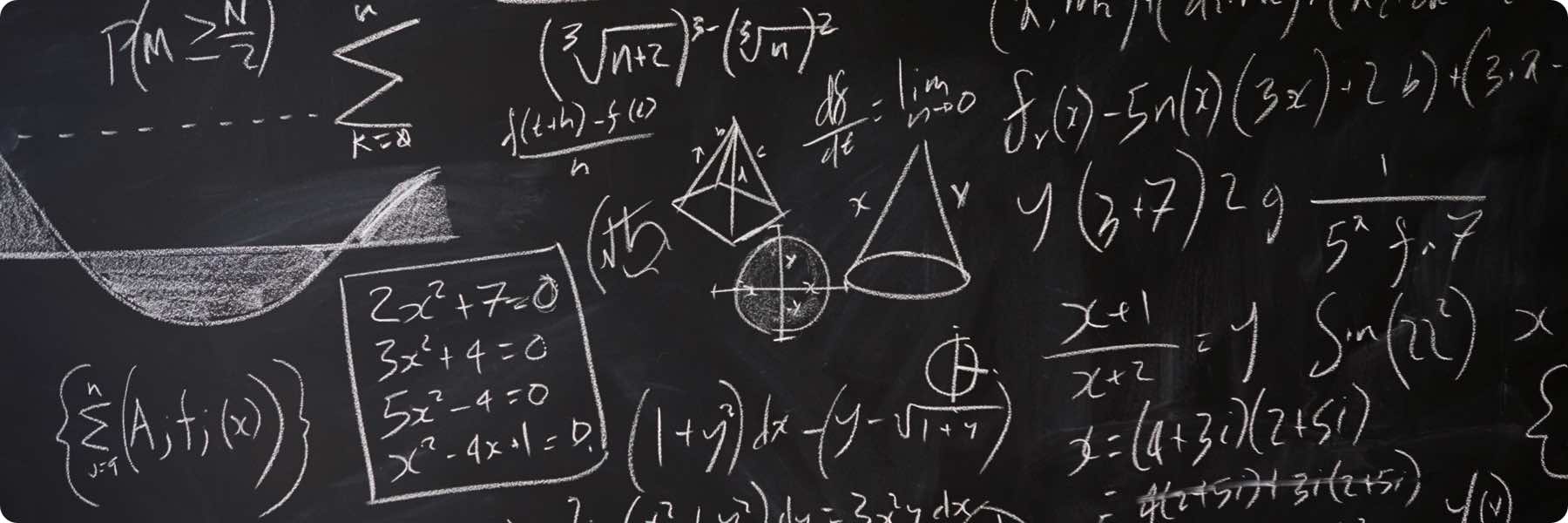 A blackboard brimming with mathematical equations and diagrams, including algebraic expressions and geometric shapes like a cone and pyramid, mirrors the complexity of advanced studies—much like navigating the intricate strategies of SEO services within a digital marketing company.