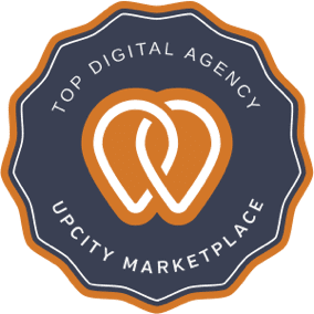 A dark blue, circular badge with an orange outline features two interlocking heart shapes in the center. Text reads Top Digital Marketing Company and UpCity Marketplace, highlighting expertise in connecting clients with premier digital marketing services.