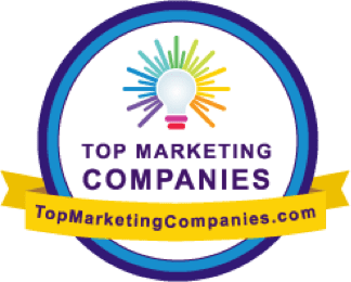 A round logo featuring a light bulb with rainbow rays is at the center. The text Top Marketing Companies sits over a blue circle, while a yellow ribbon below proudly reads TopMarketingCompanies.com, symbolizing excellence in digital marketing services.