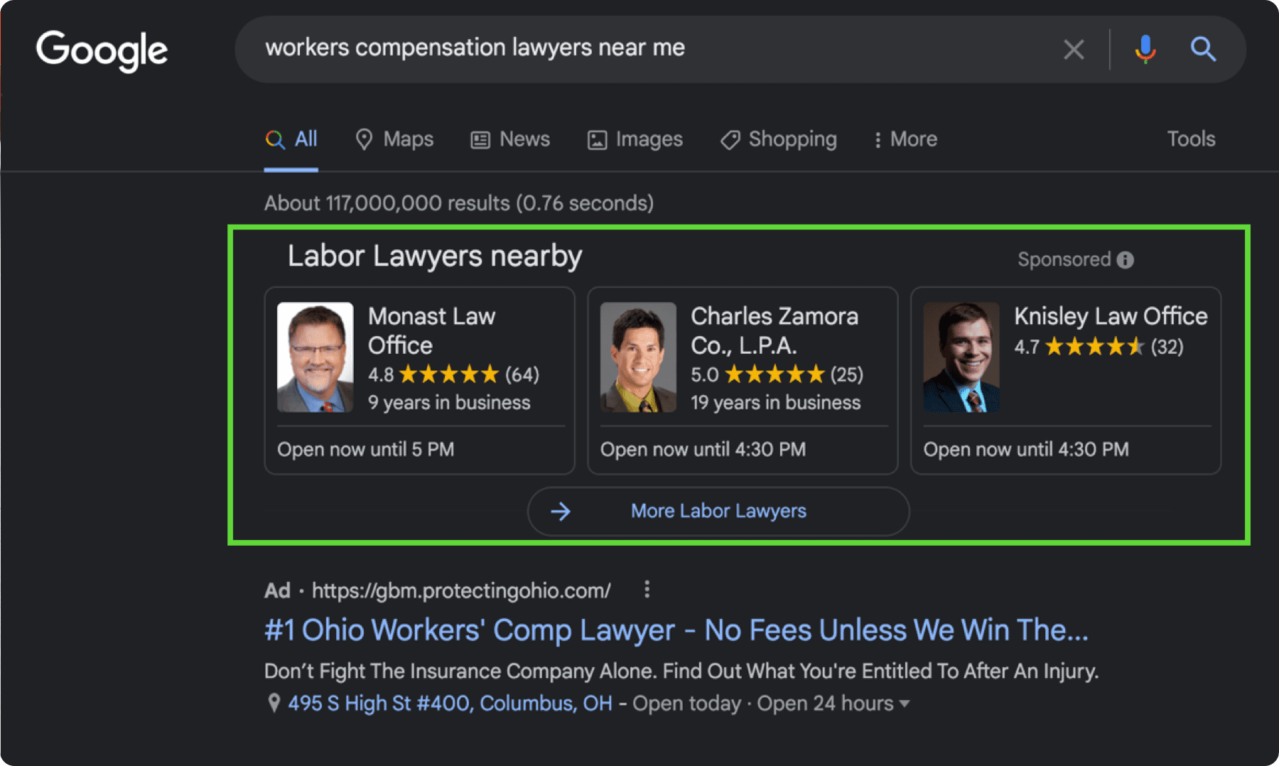 Google search results for workers compensation lawyers near me display featured listings with three top-rated firms—Monast Law Office, Charles Zamora Co., L.P.A., and Knisley Law Office. Enhance your visibility like them with top-tier SEO services from a leading digital marketing agency.