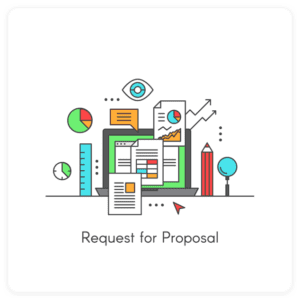 Illustration of a laptop with documents, charts, and graphs on the screen. Icons include a clock, eye, ruler, pencil, and light bulb. Text below reads Request for Proposal against multicolored elements on a white background—perfect for showcasing web design by a digital marketing agency.