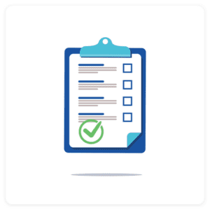 Illustration of a blue clipboard with a checklist, perfect for a digital marketing agency. The list has several items with checkboxes, and the bottom one proudly shows a large green check mark, indicating completion. Ideal for showcasing organization in digital marketing services.