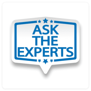 Blue and white speech bubble with the text Ask the Experts in bold blue letters, surrounded by blue stars, ideal for a digital marketing agency seeking insightful advice.