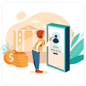 A person engages with an ATM-like machine outdoors, set against the backdrop of a bank. Nearby, stacks of coins shimmer under warm hues as the screen displays a user login interface. The scene echoes the seamless ease and innovation one might expect from top-tier web design services.