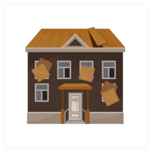 Illustration of a two-story damaged house with a brown roof, missing shingles, boarded-up windows, and a brown door. The neglected home symbolizes challenges faced by businesses without support from a digital marketing agency against a plain white background.