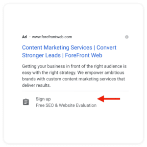 ForeFront Web, a premier digital marketing agency, offers content marketing services to convert leads with custom strategies. Sign up now for a free SEO and website evaluation, highlighted by a red arrow, and elevate your online presence with expert digital marketing services.