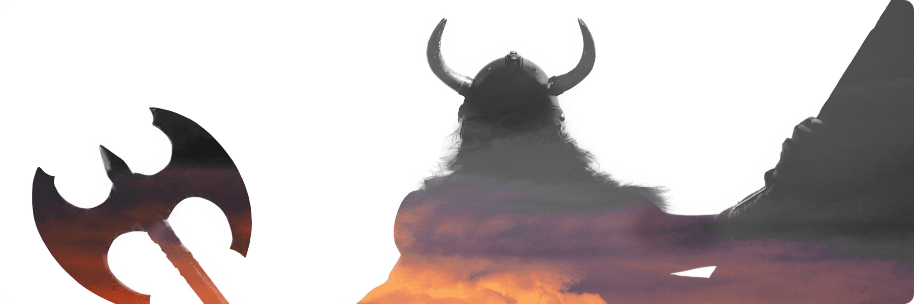 Silhouette of a person wearing a Viking helmet with horns, holding a shield and axe, resembling a fearless leader. A dramatic sky with clouds blends into the figures form, akin to how a digital marketing agency seamlessly integrates strategies for impactful results.