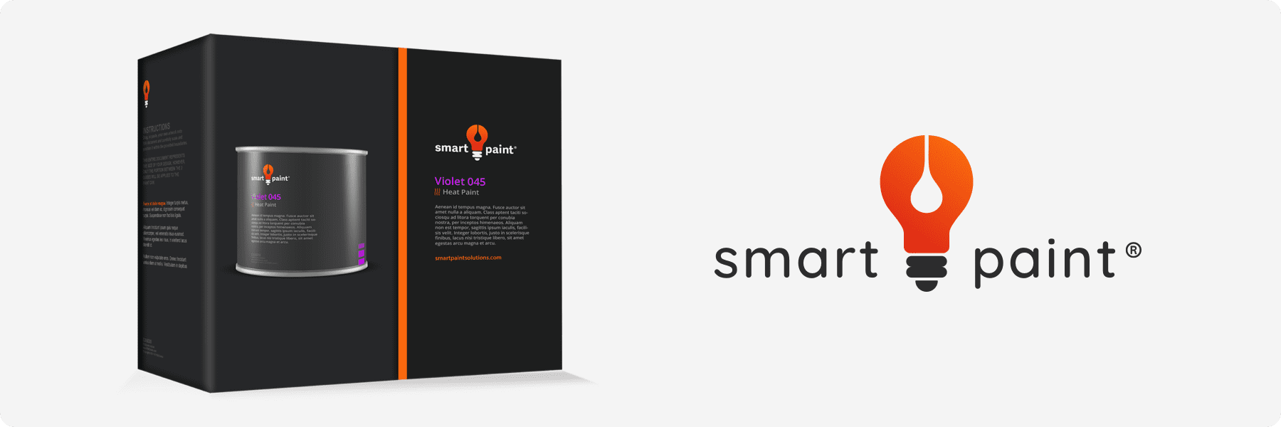 The packaging and logo of smart paint showcase a marketing agency flair, with a box featuring a Violet 145 can. The logo artfully blends a lightbulb with a paint drip, capturing the innovative spirit of the brand.