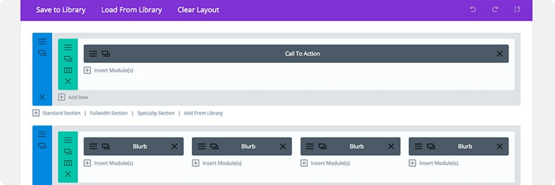 Screenshot of a web page design interface tailored for a marketing agency. It offers options to save and load layouts, add rows, insert modules, and arrange blurbs, including a Call to Action module—perfect for crafting compelling web design strategies.