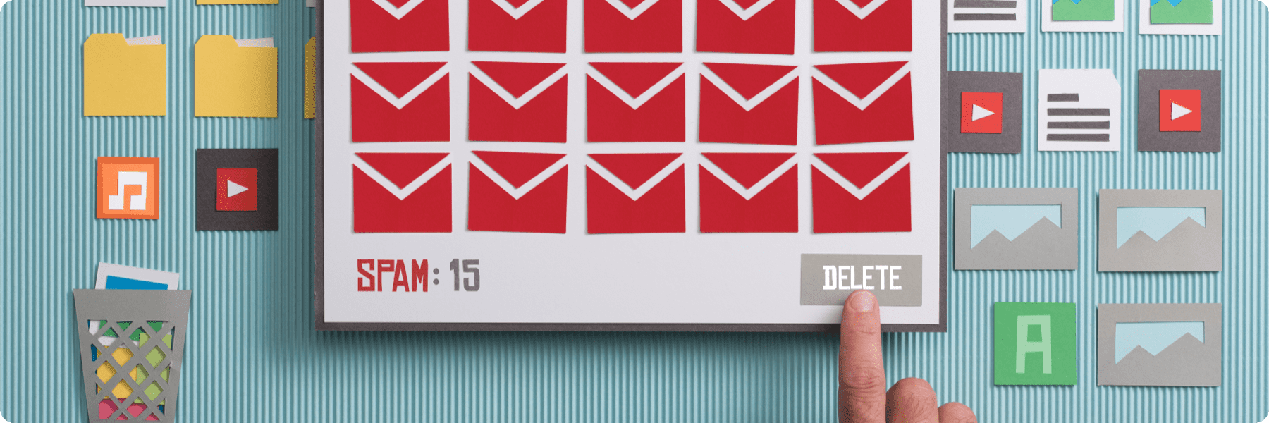 A graphic displays multiple red envelope icons representing 15 spam emails beside a gray DELETE button, with a finger poised to click. Surrounding the scene are various app and file icons, anchored by a trash bin icon in the bottom left corner—perfect for streamlining your web design workspace.