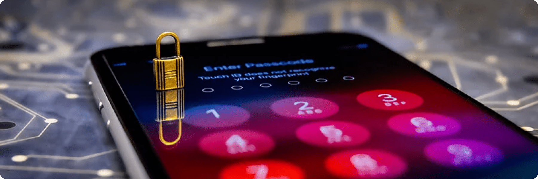 A smartphone lock screen features a digital password keypad with numbers illuminated by a glowing effect. A small padlock symbol underscores themes of security and protection, akin to the vigilance employed by top-notch digital marketing services.