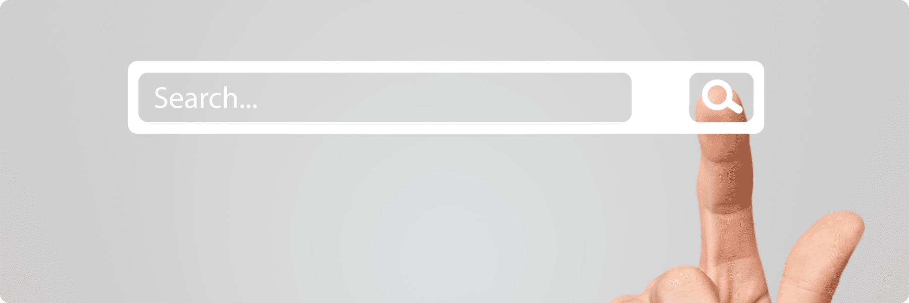A hand with an extended index finger is poised to click on a virtual search icon next to a search bar, symbolizing the precision and focus of a digital marketing agency, all set against a plain gray background.