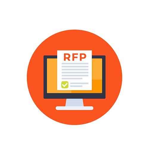 Icon depicting a computer monitor displaying a document labeled RFP with a green checkmark, symbolizing approval. The background is an orange circle, suggesting the vibrant creativity of a digital marketing agency.