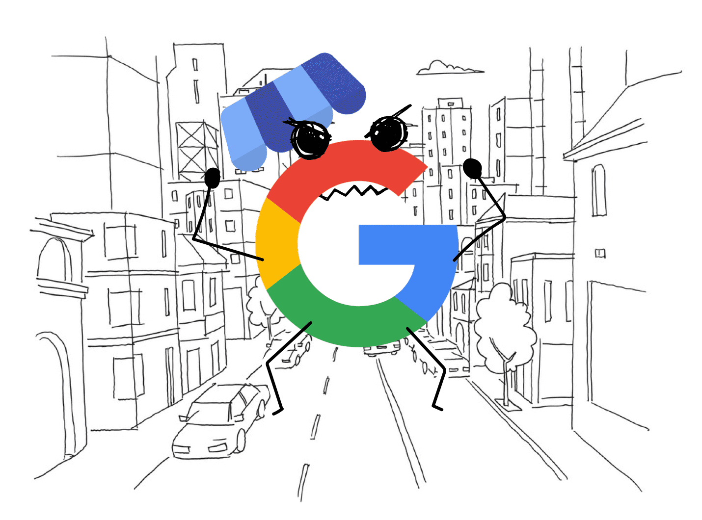 Illustration of a giant, cartoonish Google G logo with eyes, arms, and legs towering over a city street. It appears animated and dramatic, holding a Google My Business logo like an umbrella. The scene humorously highlights the influence of digital marketing agencies against a backdrop of sketched buildings.