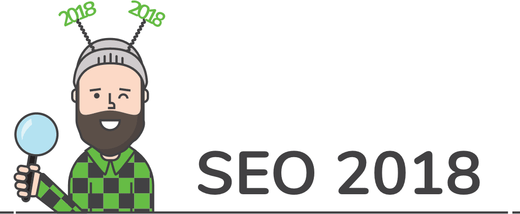 Illustration of a bearded man in a green checkered shirt holding a magnifying glass. Hes wearing a headband with 2018 on antennae. The text SEO 2018 beside him suggests insights from a digital marketing agency.
