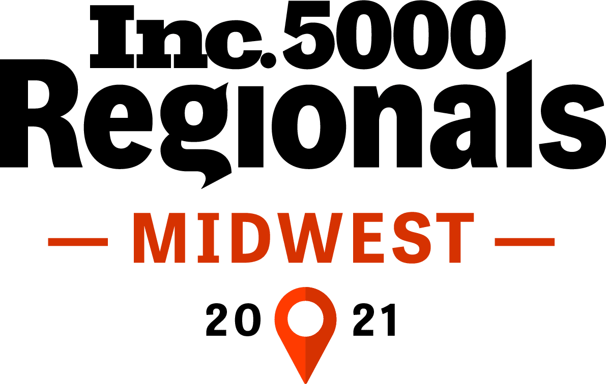 Text reading Inc. 5000 Regionals Midwest 2021 with a red location pin symbol beneath MIDWEST, highlighting the achievements of a top digital marketing agency in the region.