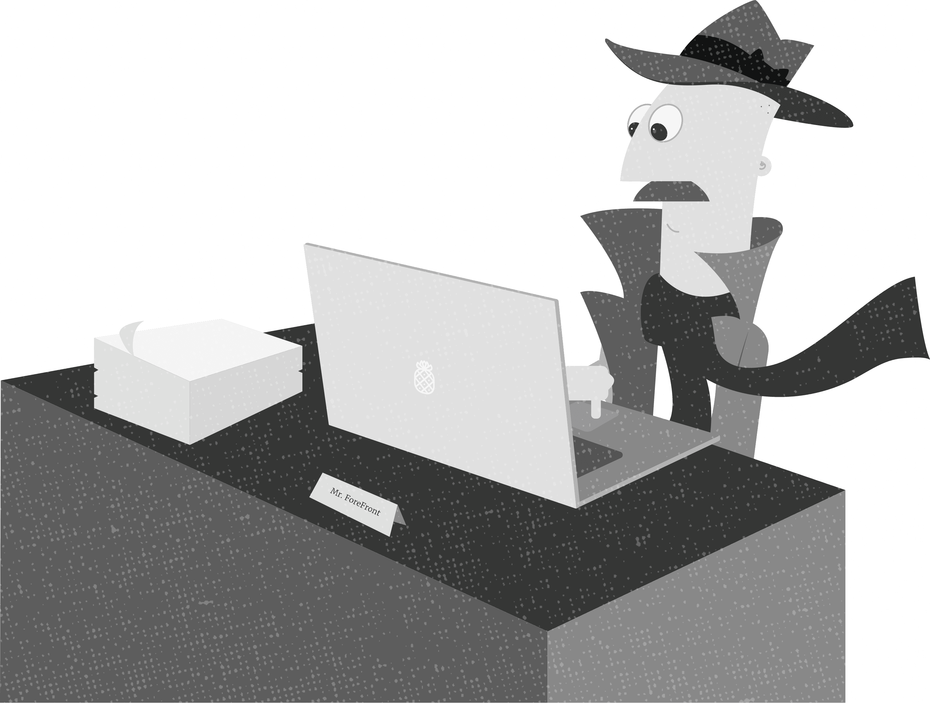 Illustration of a detective in a hat and coat typing on a laptop with a shocked expression. Binary code forms the background, suggesting he has stumbled upon a leading digital marketing agency. A nameplate reads Mr. Foresnick.