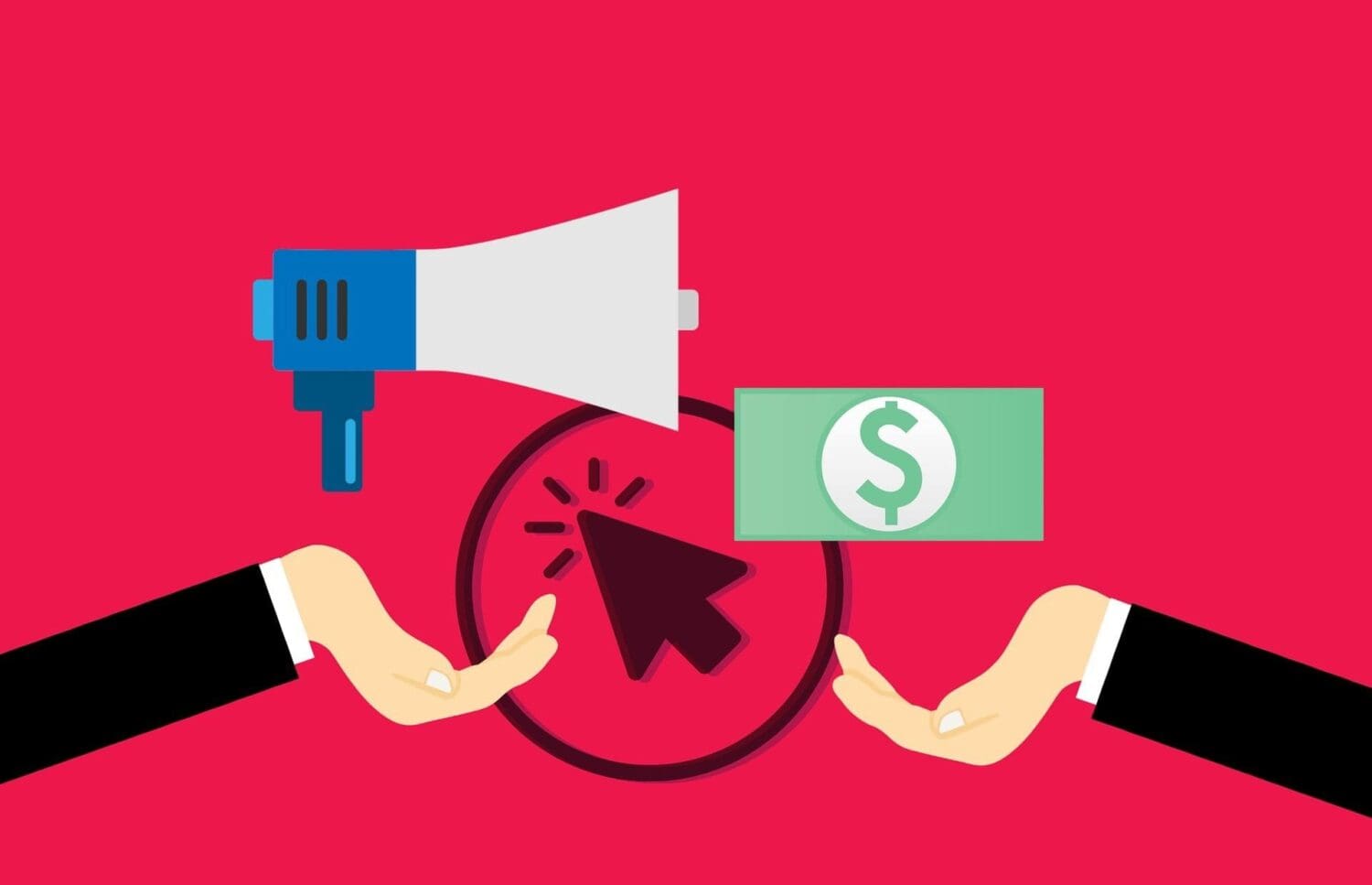 Illustration of two hands under a red circle with an arrow cursor. Above, theres a megaphone and a green bill with a dollar symbol, reflecting concepts of marketing, advertisement, and online transactions—perfect for a dynamic marketing agency. Red background.
