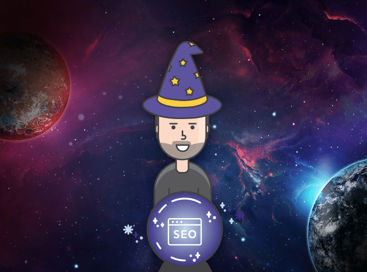 Illustration of a smiling man in a wizard hat holding a glowing ball labeled SEO amidst a cosmic space scene, showcasing the magic of SEO services with planets and swirling colorful nebulae crafted by a digital marketing company.