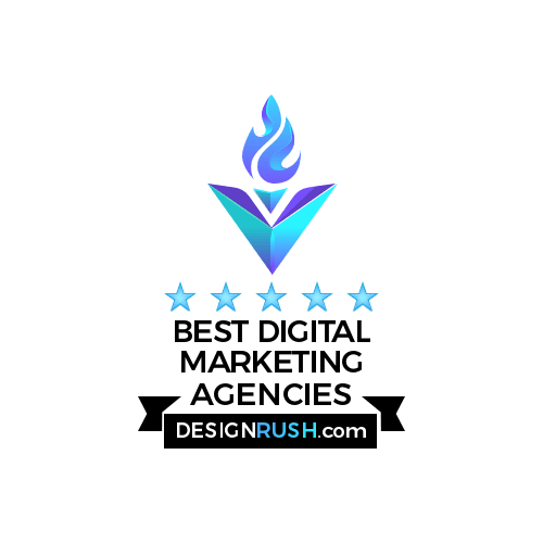 Logo featuring a gradient blue torch with flames above five stars. Below, the text reads Best Digital Marketing Agencies with DESIGNRUSH.com in a black rectangle. Perfect for those seeking top-notch digital marketing services. The background is transparent.