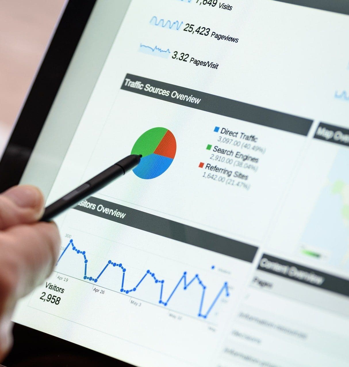 A person from a marketing agency uses a stylus to point at a pie chart on a tablet screen displaying analytics data. The screen reveals graphs with page visits, traffic sources, and user visits, showcasing the effectiveness of their digital marketing services.