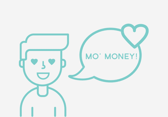 Line art illustration of a person with heart eyes and a speech bubble saying Mo Money, embodying the excitement of a thriving digital marketing agency, complete with a heart symbol.