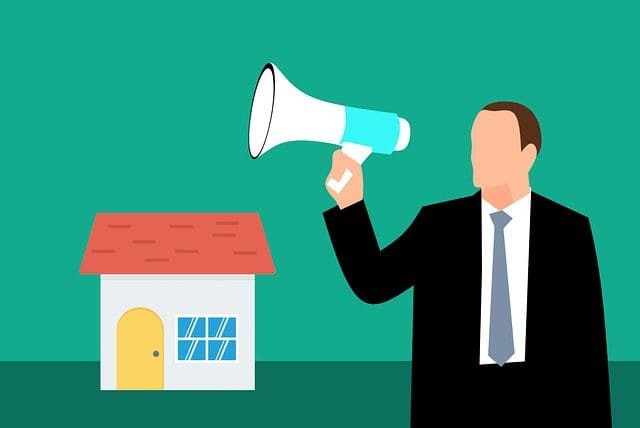 Illustration of a faceless man in a suit, representing a digital marketing company, holding a large megaphone. He stands next to a small house with a yellow door and blue windows against a green background, symbolizing innovative web design and SEO services.