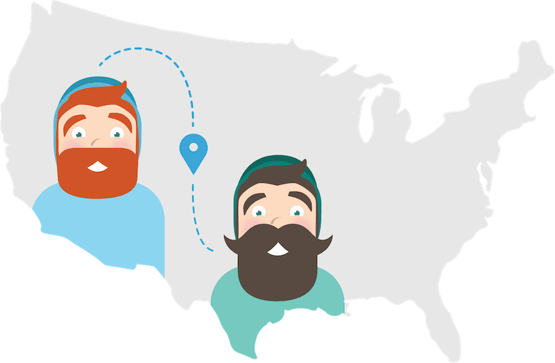 Illustration of a map of the United States with two cartoon characters, each sporting a beard and hat. A dotted line connects them with a location marker, symbolizing their journey across the country. This charming map creatively highlights their adventures as part of a digital marketing agency.