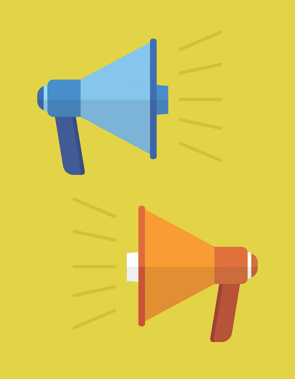 Illustration of two megaphones on a yellow background, representing a marketing agency. The top is a blue megaphone with sound lines, while the bottom is orange, each angled diagonally in opposite directions, symbolizing the dynamic reach of digital marketing services.