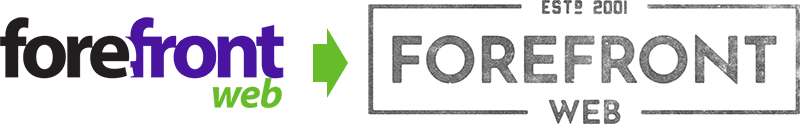 The logo transition features forefront web in purple and green, evolving into the sleek black FOREFRONT WEB, representing a bold marketing agency. The design includes ESTD: 2001 elegantly placed above FORE, signifying its heritage as a leading digital marketing company.