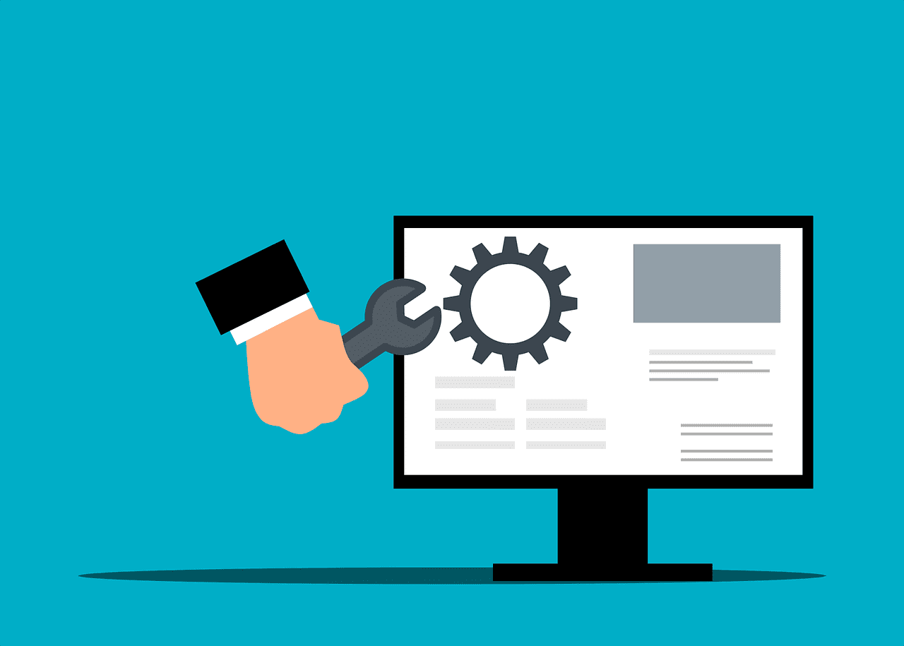 Illustration of a hand holding a wrench, adjusting a gear icon on a computer monitor. The screen displays text and graphic elements, symbolizing technical support or software configuration for a digital marketing agency, against a light blue background.