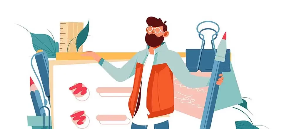 Illustration of a bearded person with glasses and a jacket, surrounded by oversized stationery like pencils, a pen, and a clipboard. Leaves and a ruler in the background evoke a creative or office ambiance at a digital marketing agency.