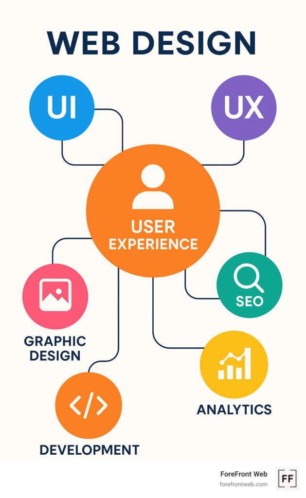 Infographic titled Web Design showing User Experience at the center, connected to UI, UX, SEO, Analytics, Development, and Graphic Design with related icons in colored circles—highlighting key aspects of effective web design.
