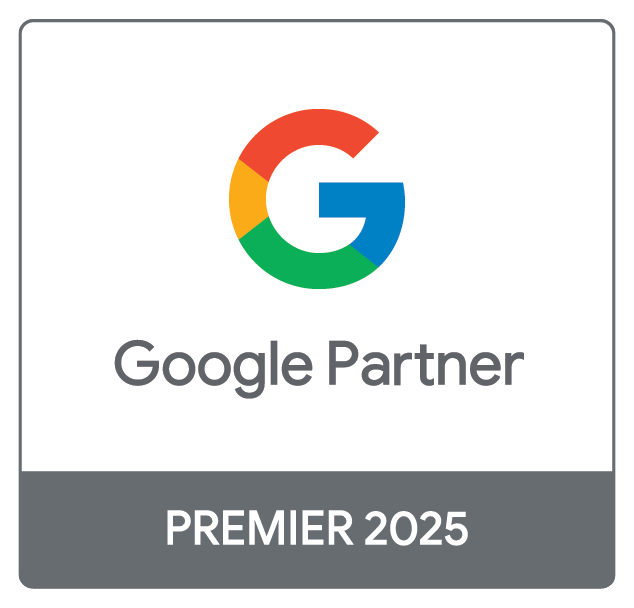 Google Partner badge with the multicolored Google G logo above the words Google Partner, showcasing PREMIER 2025 in bold white text on a gray background—highlighting a top digital marketing company’s achievement.