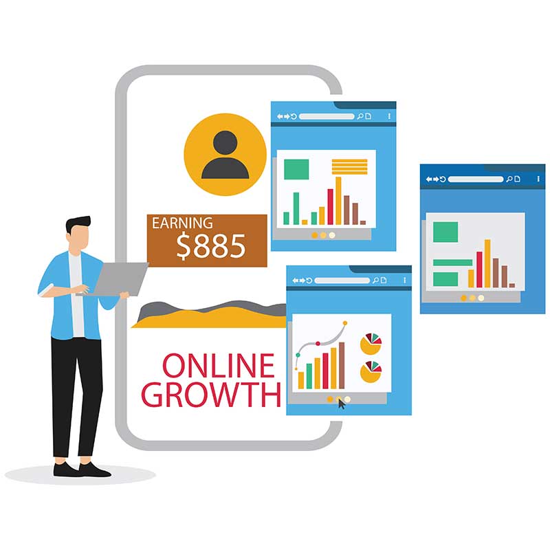 Illustration of a person using a laptop, with charts and graphs on screens, a mobile display showing Earning $885 and Online Growth, representing online business and financial growth.