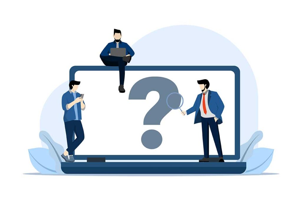Illustration of three people around a large laptop displaying a question mark; one sits on top with a laptop, another stands examining with a magnifying glass, and the third stands holding a phone.
