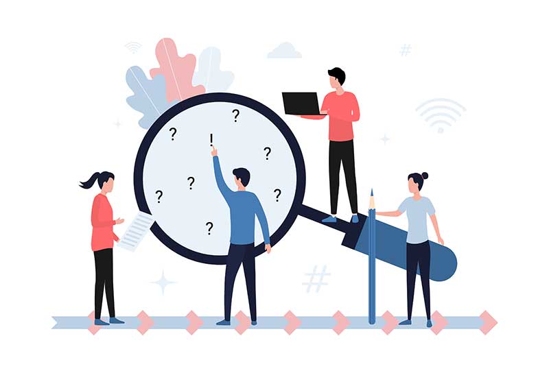 Illustration of four people analyzing a giant magnifying glass filled with question marks. One person holds a laptop, another points at the glass, while others hold documents and a pencil, symbolizing teamwork and problem-solving.