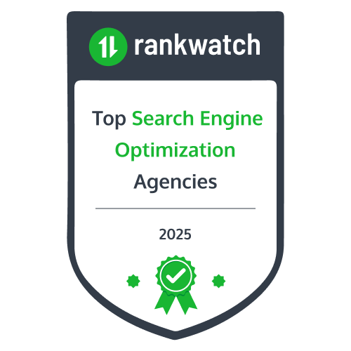 A badge with the Rankwatch logo, displaying Top Search Engine Optimization Agencies 2025, honors outstanding digital marketing company achievements with a green checkmark ribbon at the bottom.