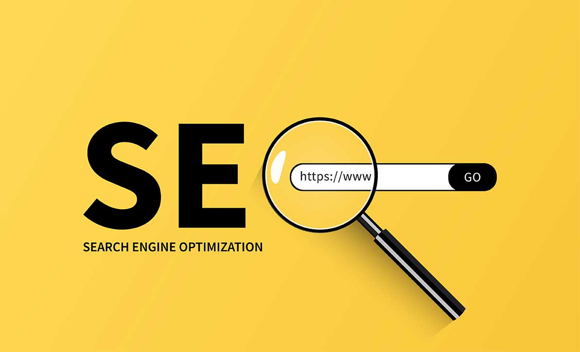 Yellow background with large black letters SEO and the words Search Engine Optimization below. A magnifying glass highlights a search bar with https://www and a black GO button.