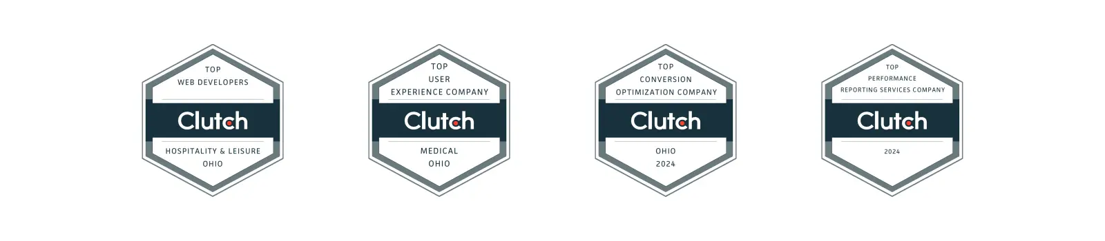 Four hexagonal Clutch award badges labeled: Top Web Developers, Top User Experience Company, Top Conversion Optimization Company, and Top Performance Reporting Services Company—highlighting excellence in digital marketing for nonprofits.