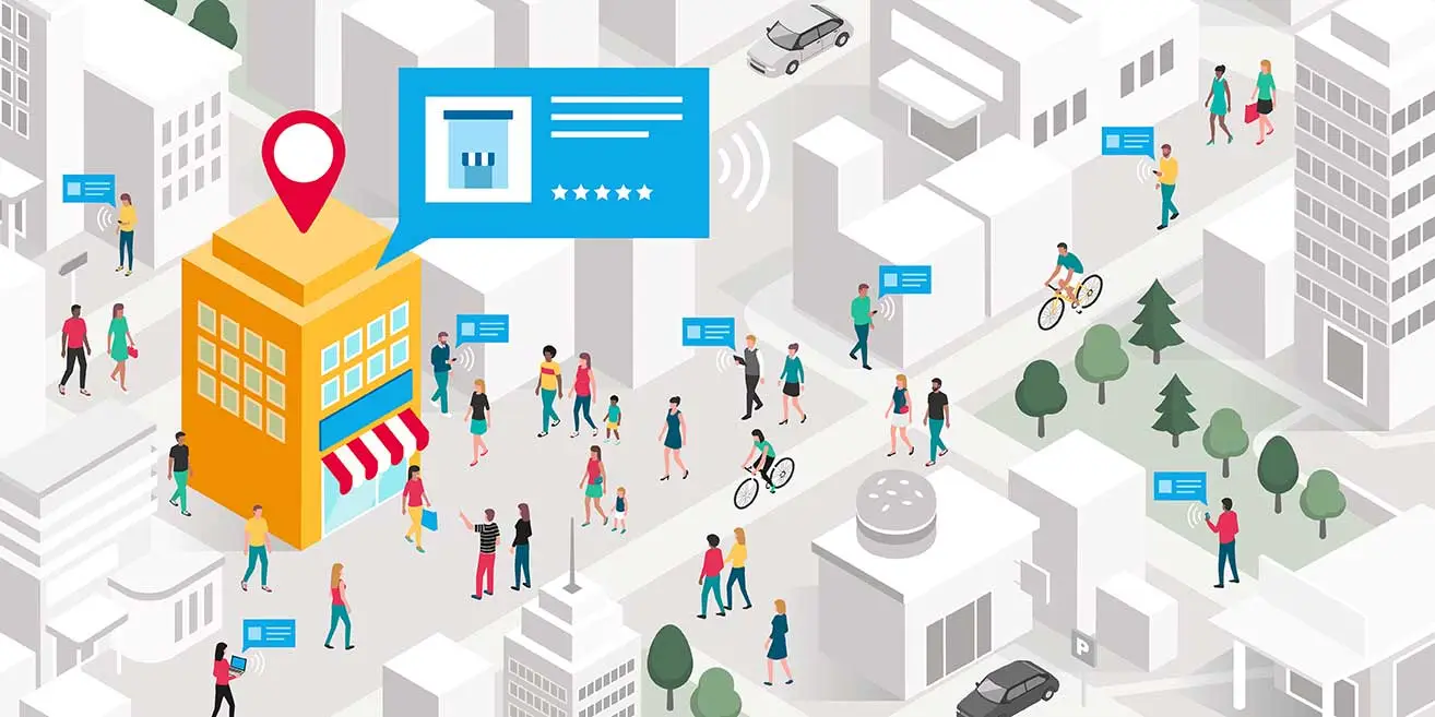 Illustration of a city scene with people walking, biking, and interacting. A highlighted building with a location pin and review pop-up stands out, symbolizing local business discovery and customer engagement.
