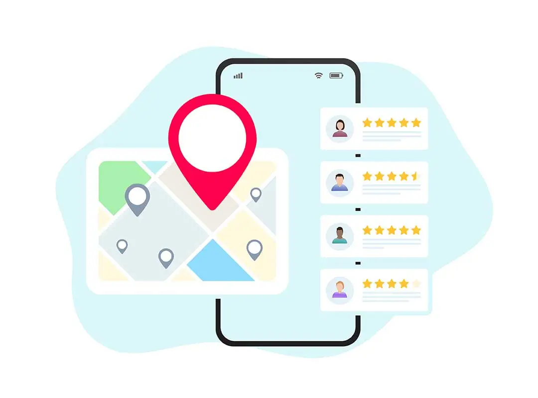 Illustration of a smartphone displaying a digital map with a large red location pin. Beside it, several user review cards with profile icons and star ratings are shown.
