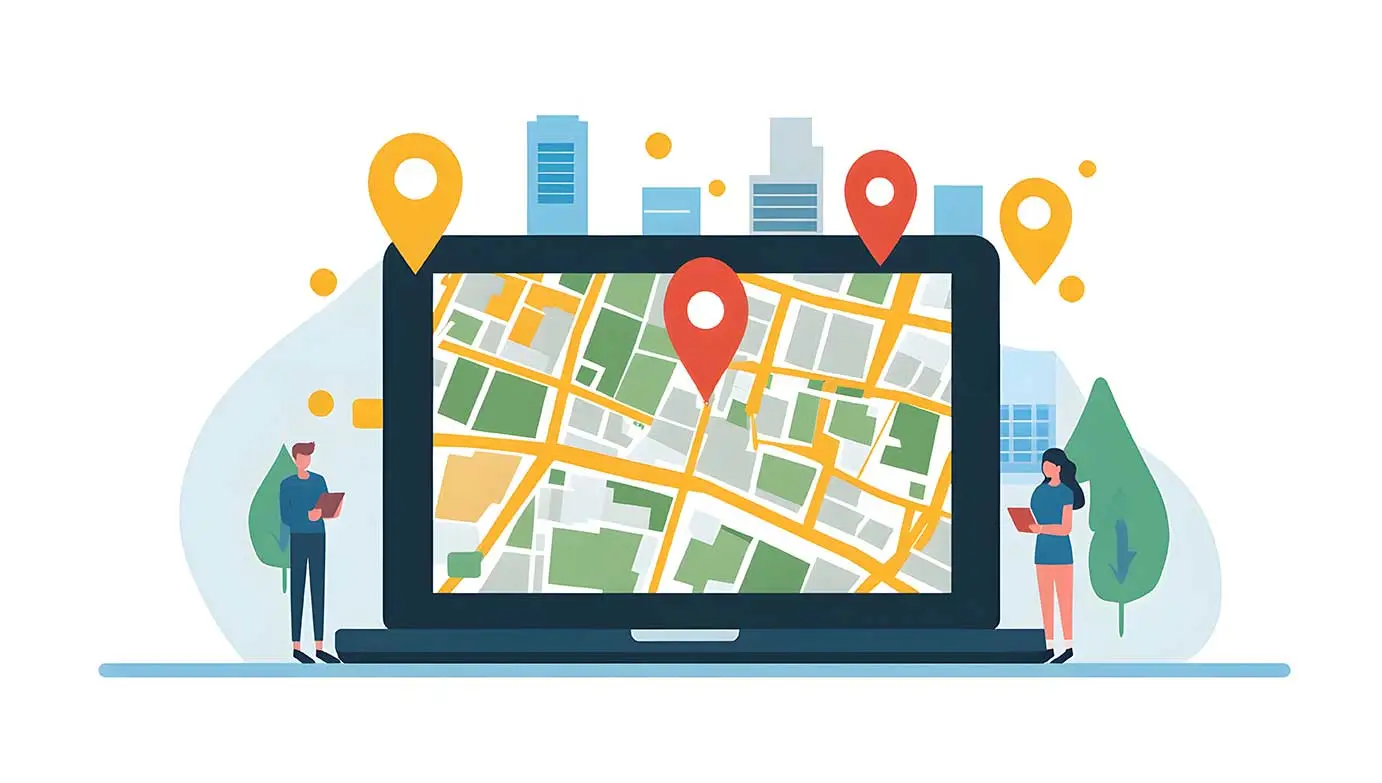 Illustration of a large laptop displaying a digital city map with location pins. Two people stand on either side holding devices, with city buildings and trees in the background.