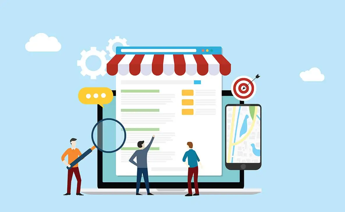 Illustration of three people analyzing data on a large laptop screen, with a magnifying glass, gears, a map on a smartphone, a target symbol, and a storefront awning, representing digital marketing or online business.
