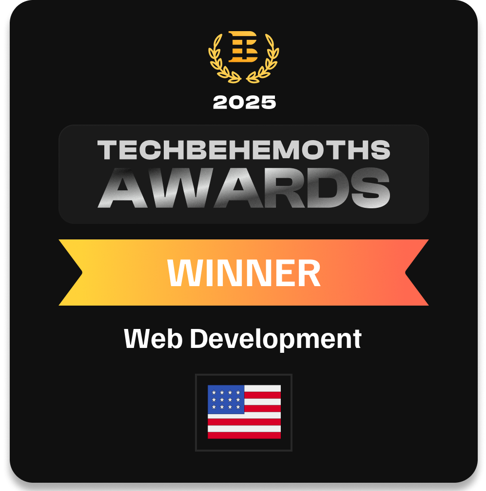 A TechBehemoths Awards 2025 badge for Web Development and digital marketing company, featuring WINNER on a yellow-orange ribbon, a U.S. flag at the bottom, with a black background and gold laurel graphic at the top.