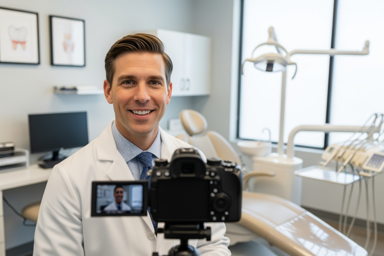 A smiling male dentist in a white coat sits in a modern dental office, discussing digital marketing strategies for dentists on camera, with dental equipment and a computer visible in the background.