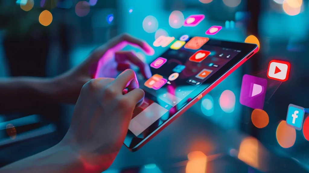 A person uses a tablet with floating social media icons—including Facebook, YouTube, Instagram, and Twitter—surrounded by colorful lights and digital effects, highlighting online connectivity and how social media dentists engage in digital interaction.