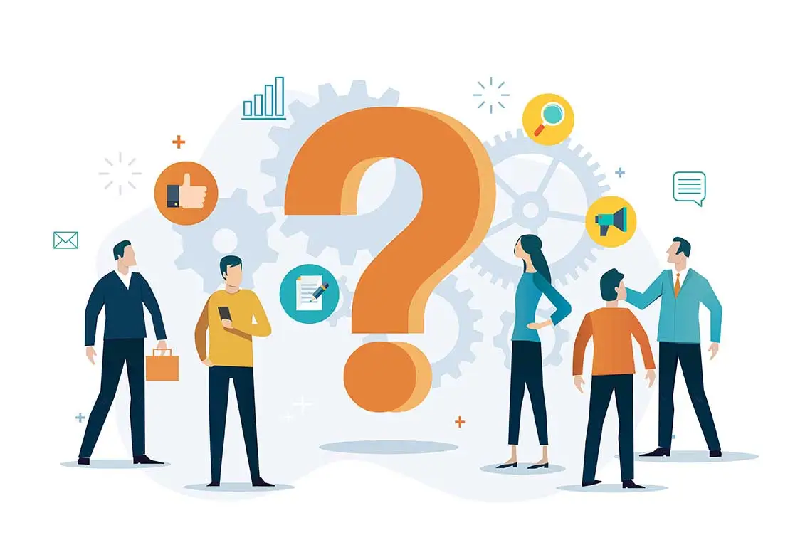 Five business people stand around a large orange question mark, surrounded by icons such as charts, gears, thumbs up, and messages, representing problem-solving, teamwork, and communication.