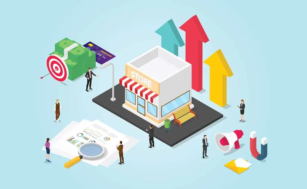 Isometric illustration of a small store surrounded by business icons: money, credit card, graphs, paperwork, a megaphone, a magnet, and people representing business growth and marketing.